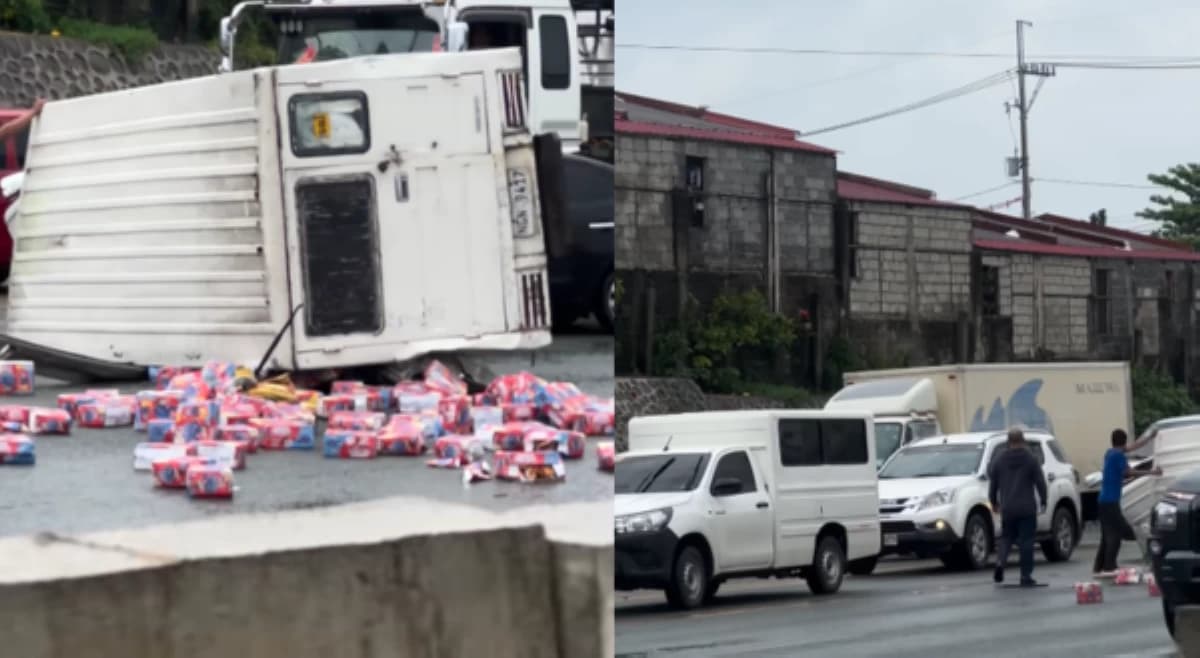 Delivery Truck Tumagilid sa SLEX, Mga Pakete ng Juice Nagkalat sa Kalsada