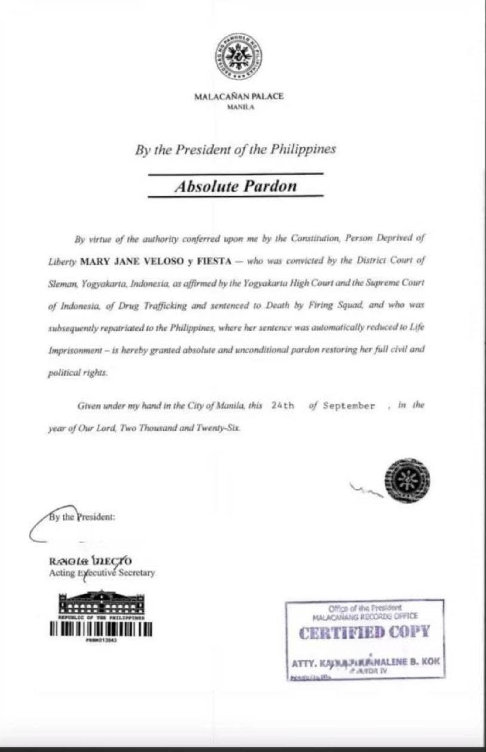 Pagsasawalang-bisa ng parusa kay Mary Jane Veloso, nilagdaan ni Marcos