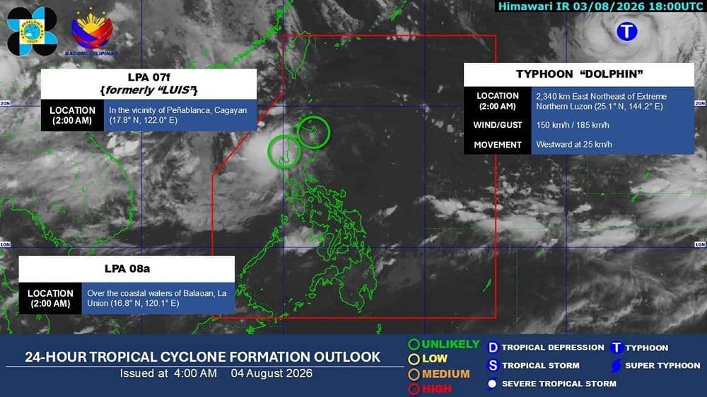 Pagsasama ng LPA at Humina na 'Luis' Magdadala ng Malalakas na Ulan sa Agosto 4